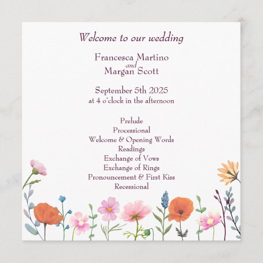 Klassieke kleurrijke bloemengroen bruiloft programmakaart (Voorkant)