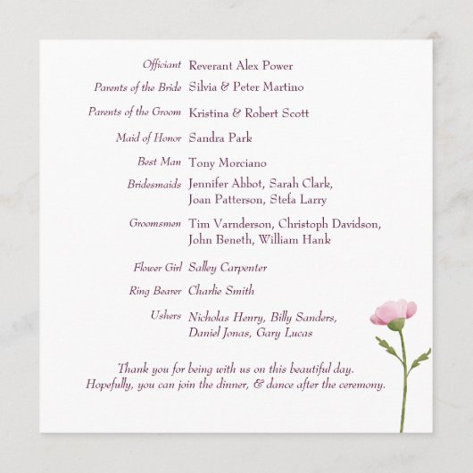 Klassieke kleurrijke bloemengroen bruiloft programmakaart (Achterkant)