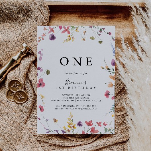 Klassieke kleurrijke wilde flora eerste verjaardag kaart