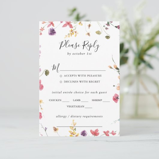 Klassieke kleurrijke Wilde Wedding Menu Keuze RSVP (Staand voorkant)