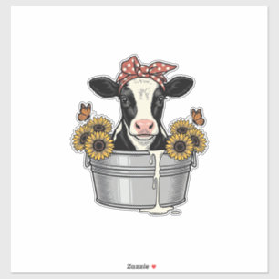 Klassieke koe in tobbe zonnebloem vlinder vector o sticker