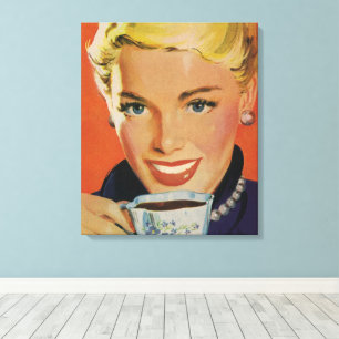 Klassieke koffie, gelukkige vrouw met retro koffie canvas afdruk