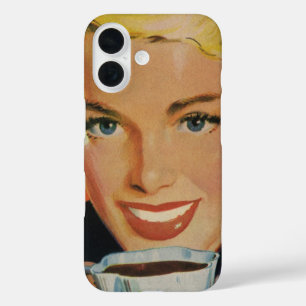 Klassieke koffie, gelukkige vrouw met retro koffie iPhone 16 hoesje