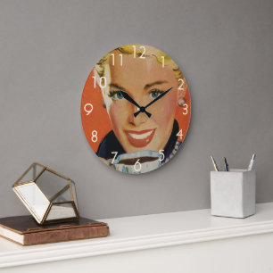 Klassieke Koffie, Gelukkige Vrouw met Retro Koffie Grote Klok