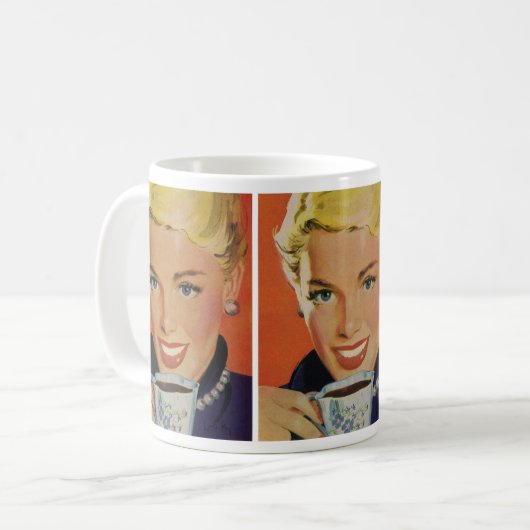 Klassieke koffie, gelukkige vrouw met retro koffie koffiemok (Voorkant links)