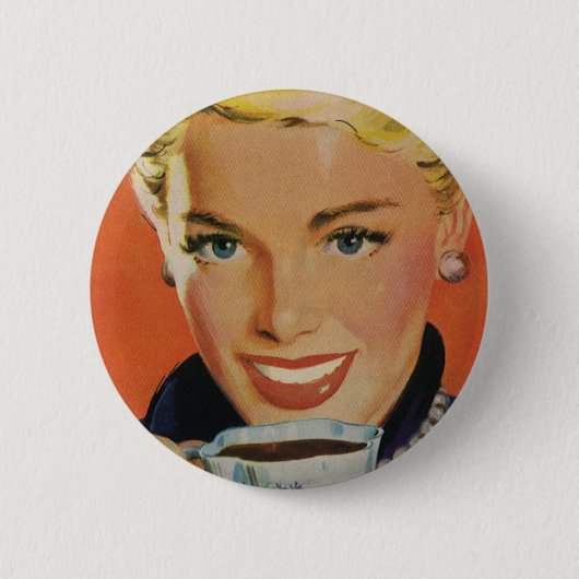Klassieke koffie, gelukkige vrouw met retro koffie ronde button 5,7 cm (Voorkant)