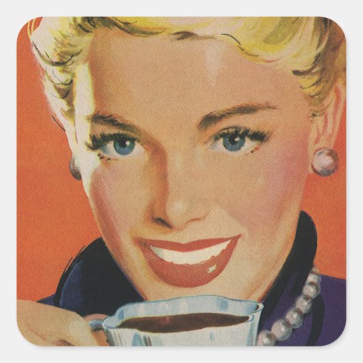 Klassieke koffie, gelukkige vrouw met retro koffie vierkante sticker (Voorkant)