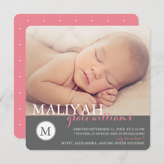 Klassieke kondiging van de geboorte van een monogr aankondiging (Voorkant / Achterkant)