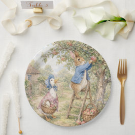Klassieke konijn eend die appels plukt papieren bordje