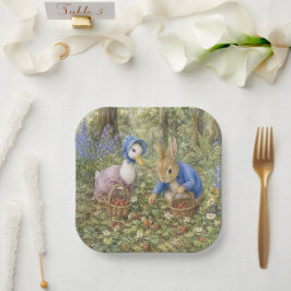 Klassieke konijn en eend die wilde aardbeien verza papieren bordje