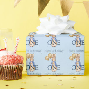 Klassieke Konijn Gouden Ballonnen Eerste Verjaarda Cadeaupapier