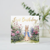 Klassieke konijnentuin 1e verjaardag kaart (Staand voorkant)