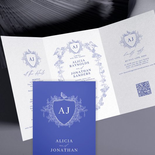 Klassieke koninklijk blauwe Franse bloemencode QR Drieluik Uitnodiging