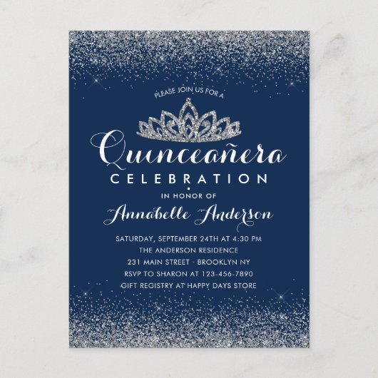 Klassieke Koninklijke Blauwe Quinceañera Zilveren Briefkaart (Voorkant)