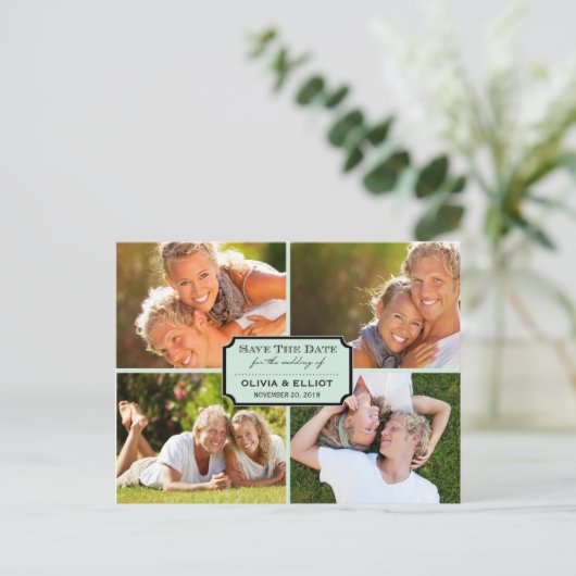  klassieke kookplaat vier foto slaat de datum op aankondigingskaart (Staand voorkant)