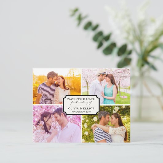  klassieke kookplaat vier foto slaat de datum op aankondigingskaart (Staand voorkant)