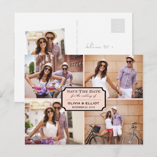  klassieke kookplaat vier foto slaat de datum op aankondigingskaart (Voorkant / Achterkant)