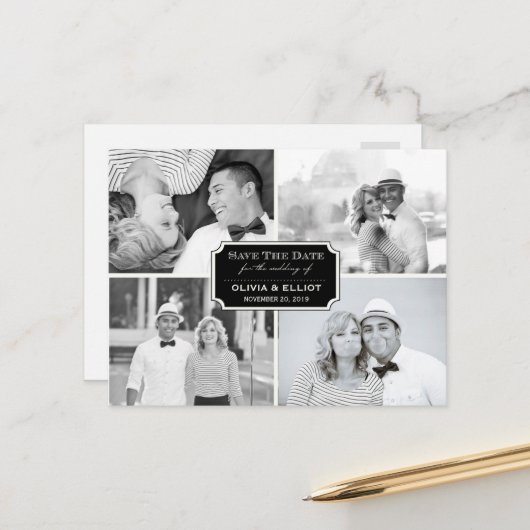 klassieke kookplaat vier foto slaat de datum op aankondigingskaart (Voorkant / Achterkant in situ)