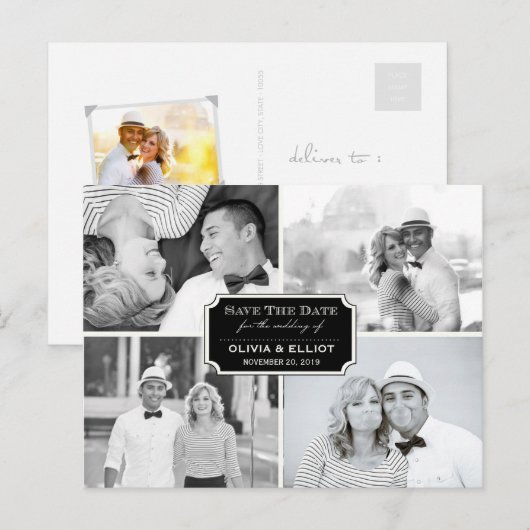  klassieke kookplaat vier foto slaat de datum op aankondigingskaart (Voorkant / Achterkant)