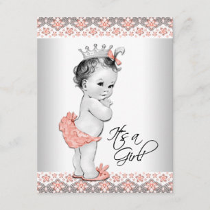Klassieke koraal en grijze babyshower voor meisje kaart