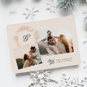 Klassieke krans Kerstmis fotocollage Roos Goud Folie Feestdagenkaart