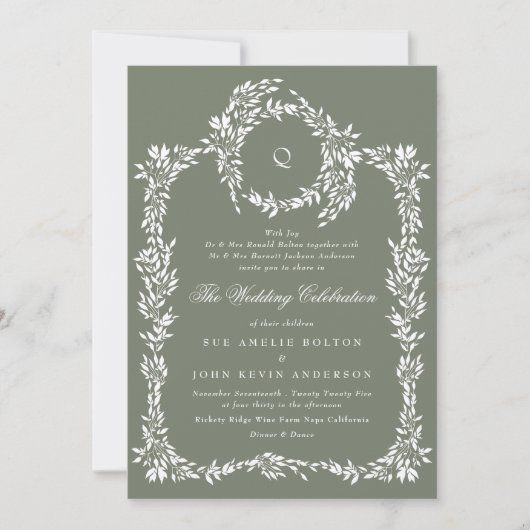 Klassieke krans Monogram Sage Groene Elegante Brui Kaart (Voorkant)