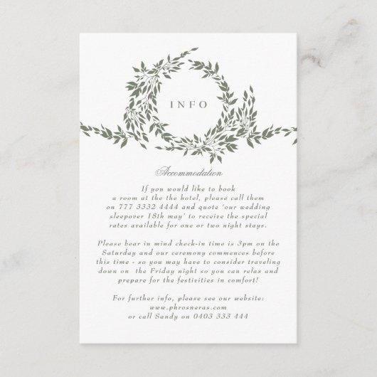 Klassieke Krans Sage Groene Elegante Bruiloft INFO Informatiekaartje (Voorkant)