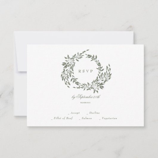 Klassieke Krans Wit & Sage Groen Elegant Bruiloft RSVP Kaartje (Voorkant)