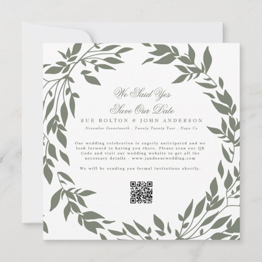 Klassieke Krans Witte Wijze Groene Foto QR Bruilof Save The Date (Achterkant)
