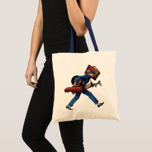 Klassieke kruier in uniform, koffer en golfclub tote bag