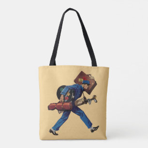 Klassieke kruier in uniform, koffer en golfclub tote bag