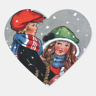 Klassieke kunst jongen_meisje_kerstmis hart sticker