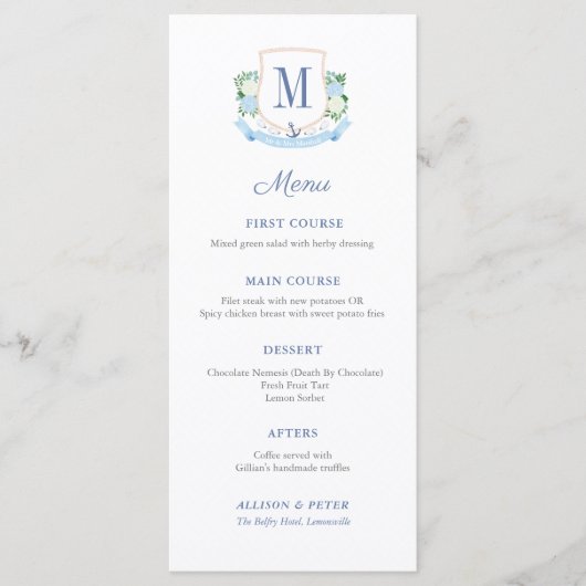 Klassieke Kustmonogram Huwelijksreceptie Menu (Voorkant)
