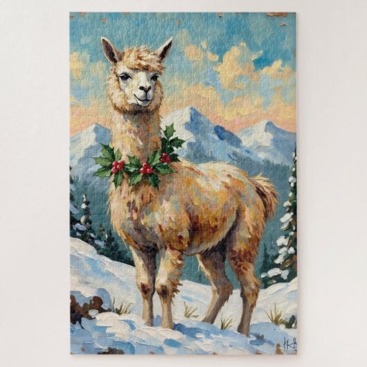 Klassieke Lama in Besneeuwde Kerstweide Legpuzzel (Verticaal)