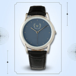 Klassieke Laurel krans Navy Blauw Goud Monogram Horloge