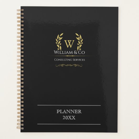 Klassieke laurel krans zwart goud monogram planner (Voorkant)