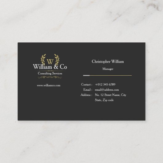 Klassieke laurel krans zwart goud monogram visitekaartje (Achterkant)