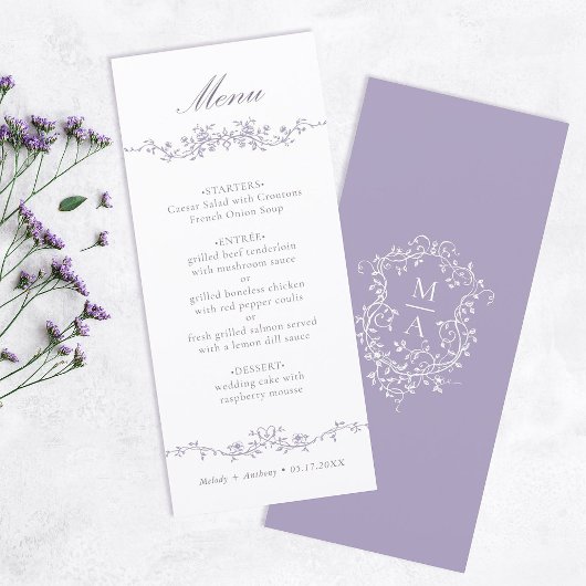 Klassieke lavendel bloemenslag bruiloft menu