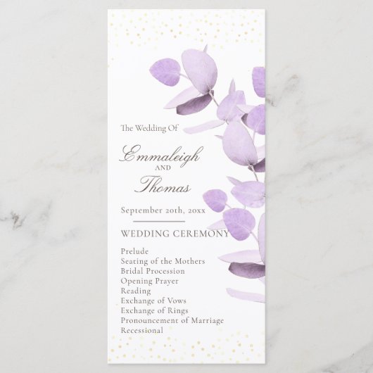 Klassieke Lavendel Eucalyptus Glitter Huwelijk Programmakaart (Voorkant)