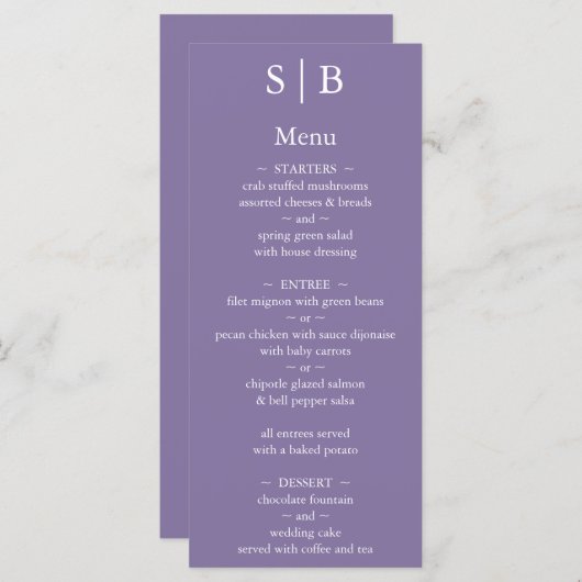 Klassieke Lavendel Monogram Bruiloft Menu (Voorkant / Achterkant)