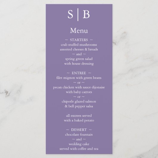 Klassieke Lavendel Monogram Bruiloft Menu (Voorkant)