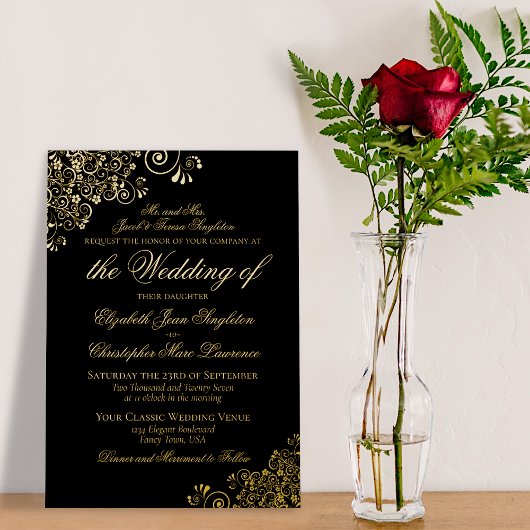 Klassieke legance Gold op zwart formeel huwelijk Folie Uitnodiging