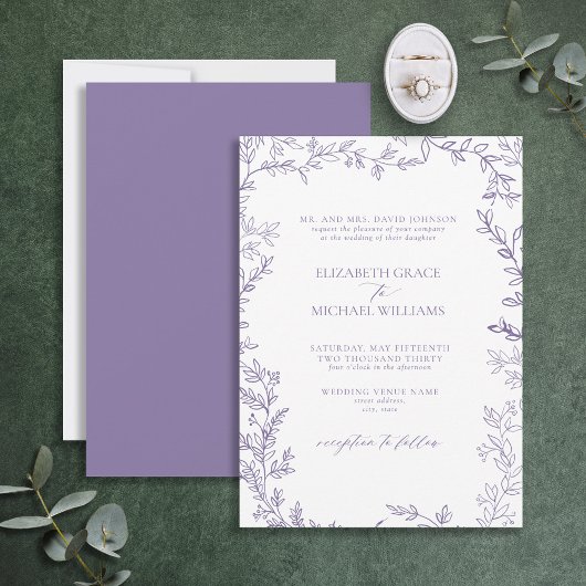 Klassieke legante officiële lavendel Leafy Wedding Kaart