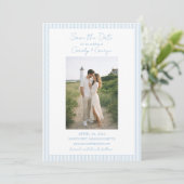 Klassieke Lichtblauw Gestreepte Zomer Kust Bruilof Save The Date (Staand voorkant)