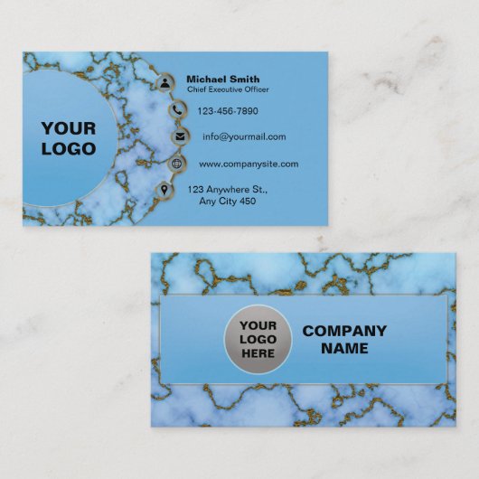 Klassieke lichtblauwe 3D marmer Faux Shiny Gold Fo Visitekaartje (Voorkant / Achterkant)