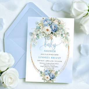 Klassieke lichtblauwe pioenrozen eucalyptus baby s kaart