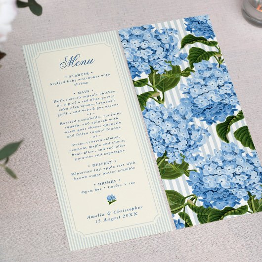Klassieke lichtblauwe strepen Hydrangea Bruiloft Menu