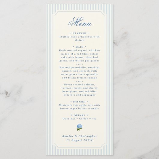 Klassieke lichtblauwe strepen Hydrangea Bruiloft Menu (Voorkant)