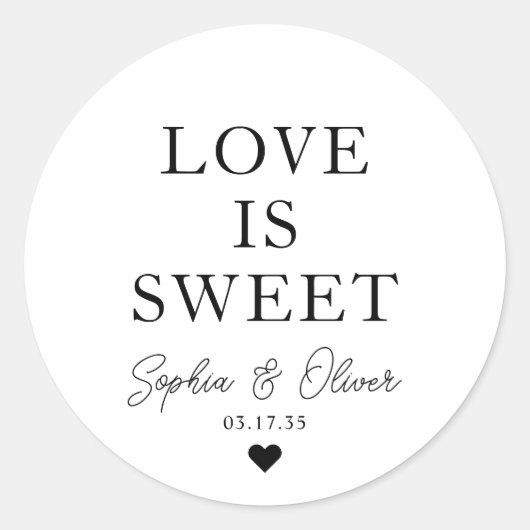 Klassieke LIEFDE IS ZOET Hart Trouwnamen Favor Ronde Sticker (Voorkant)