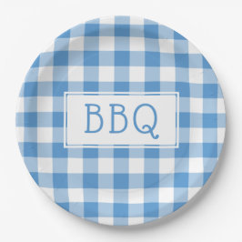Klassieke Light Blue White Gingham Pattern BBQ Par Papieren Bordje